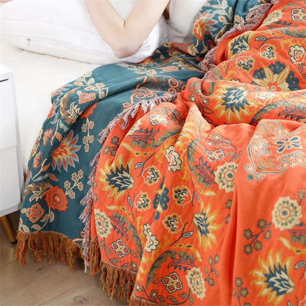 Marigold Reversible Cotton Throw Blanket - Boho Floral