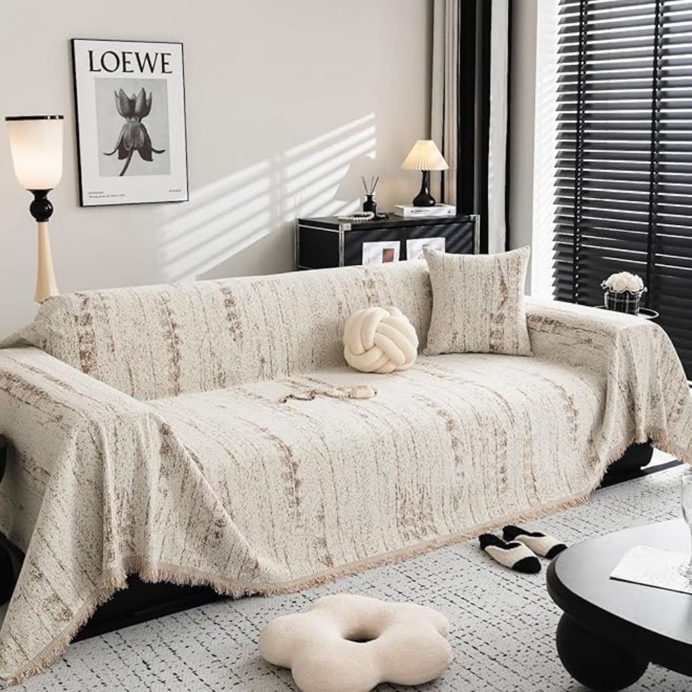 Almond Crest Chenille Couch Cover - Soft Neutral Sofa Throw