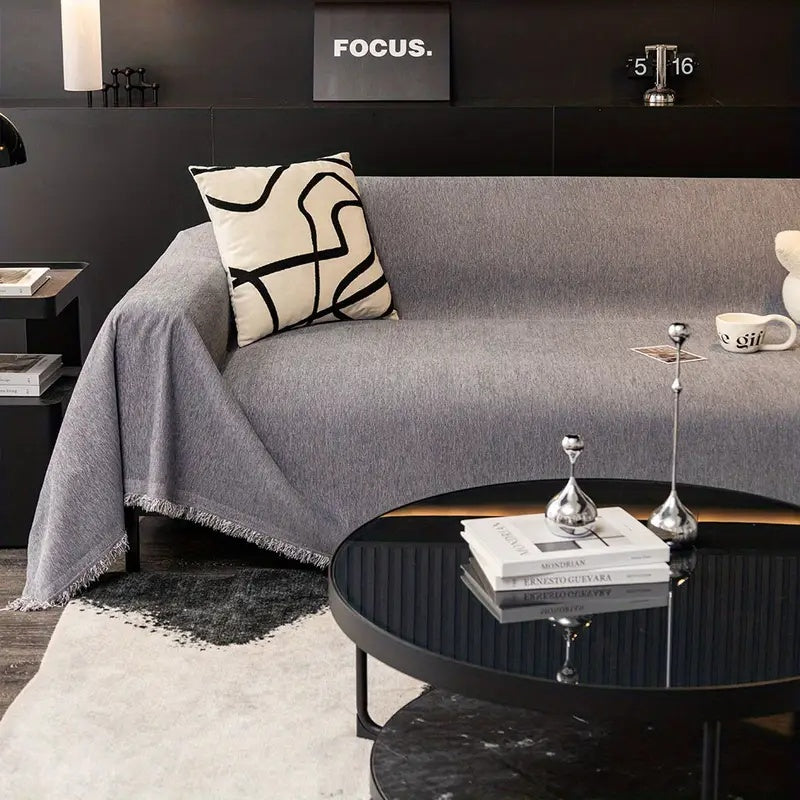 Minimalist Chenille Couch Cover with Tassel Trim