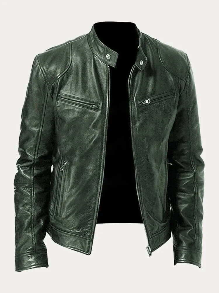 Men's Classic Leather Jacket - Stand Collar, Front Zip