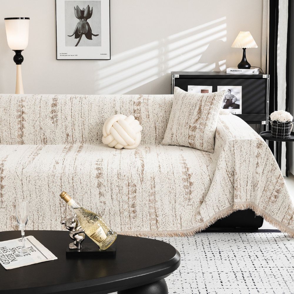 Almond Crest Chenille Couch Cover - Soft Neutral Sofa Throw