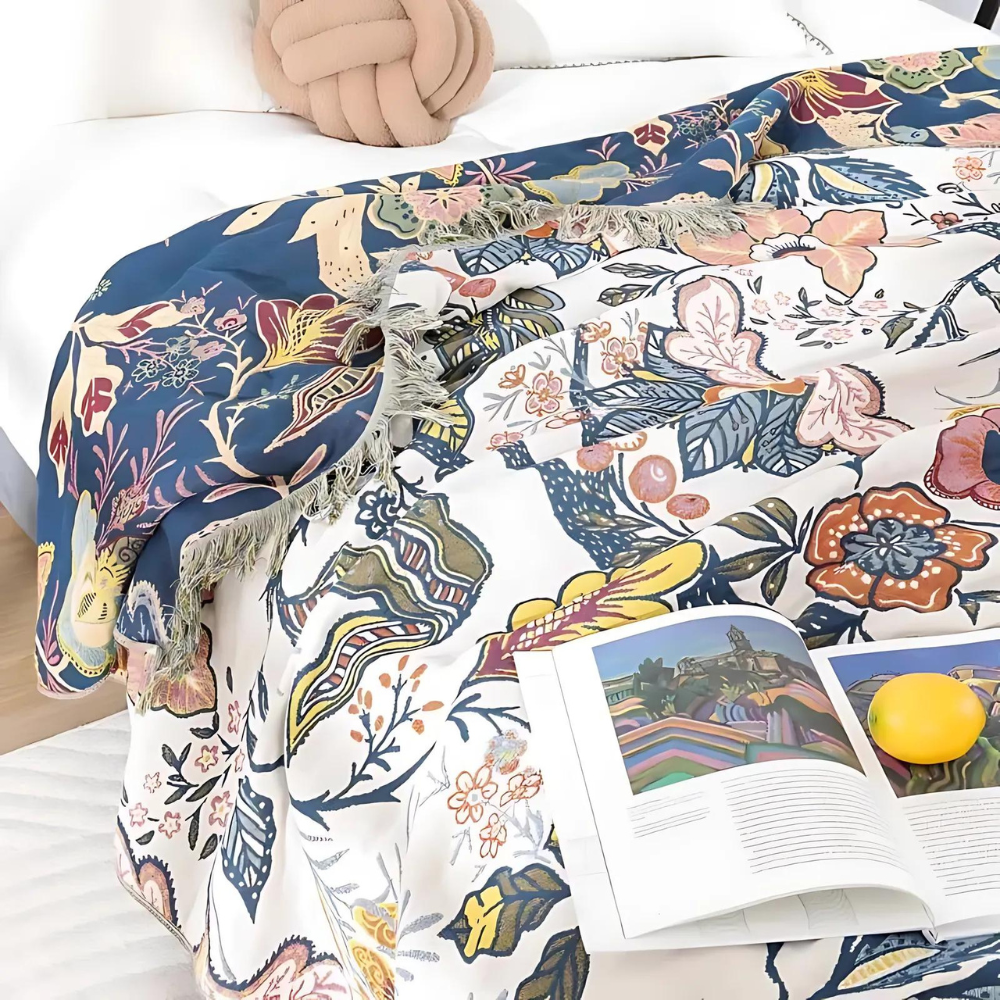 Artistic Floral Cotton Throw Blanket with Tassels
