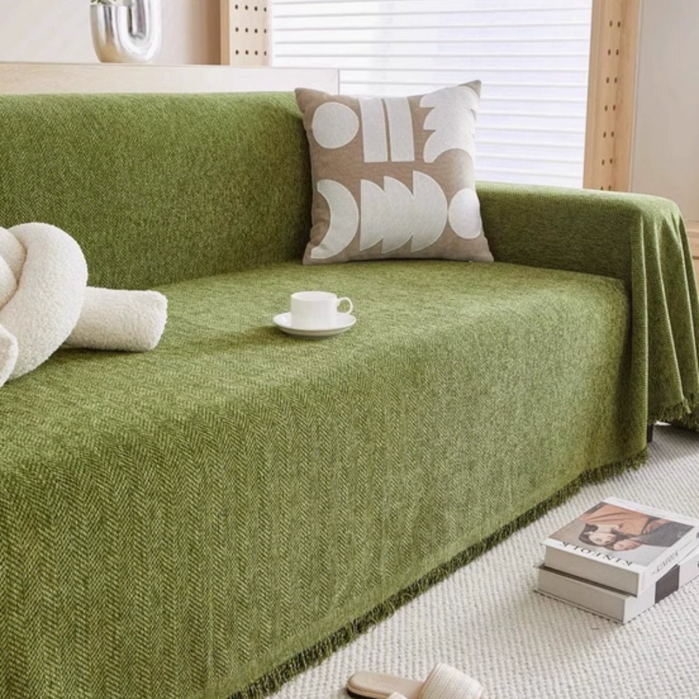 Minimalist Chenille Couch Cover with Tassel Trim