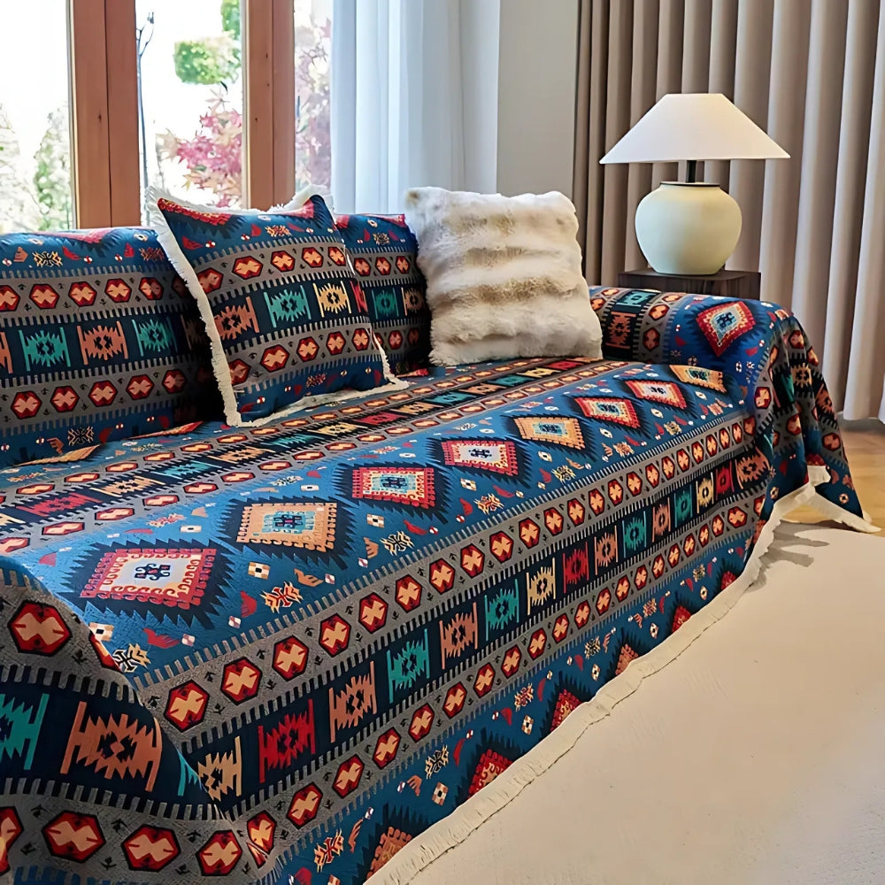Boho Chenille Couch Cover, Geometric Jacquard Weave