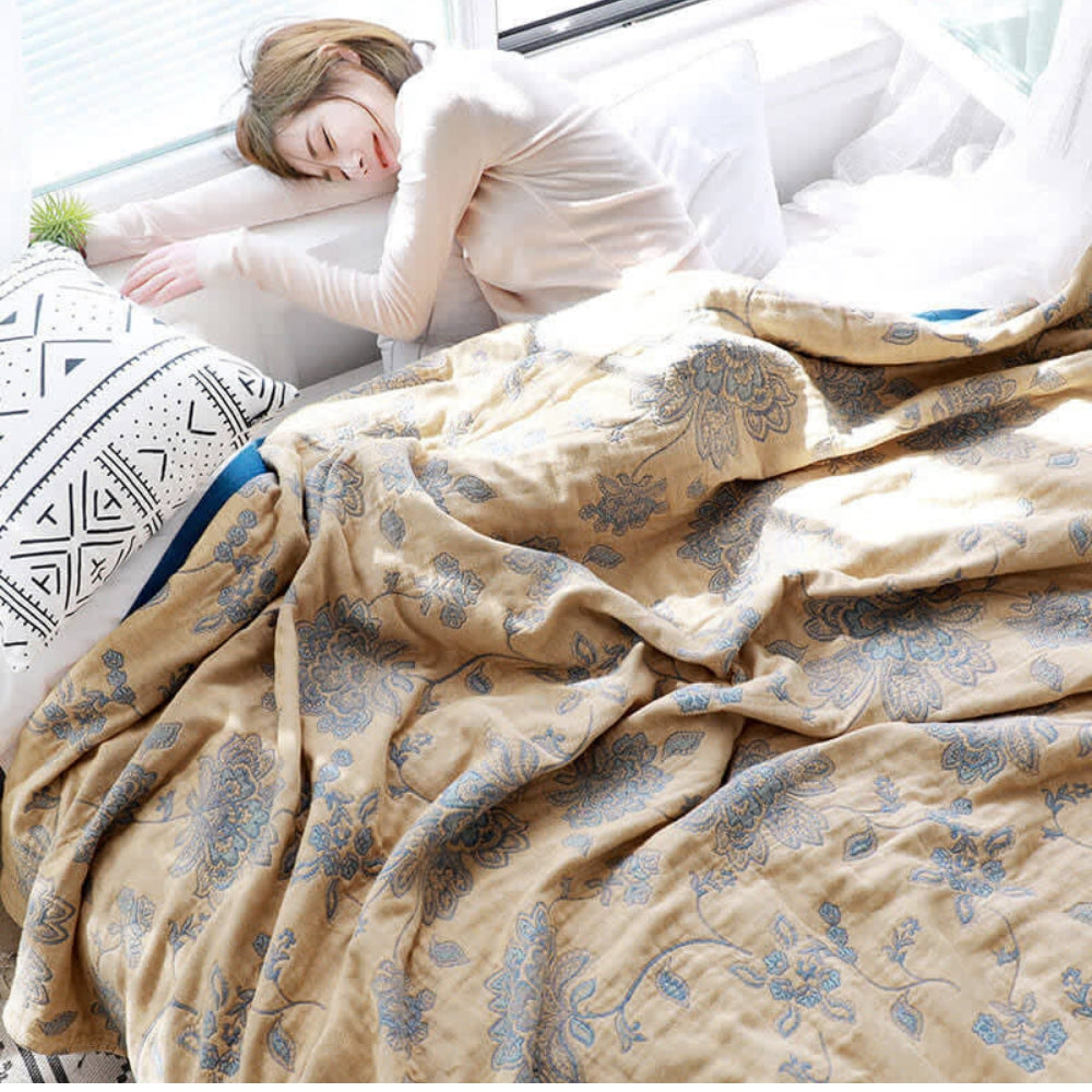 Floral Cotton Gauze Comfort Blanket, 5-Layer Design