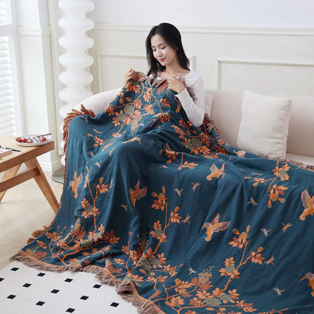 Ornate Layered Cotton Blanket - Jacquard Tasselled Throw