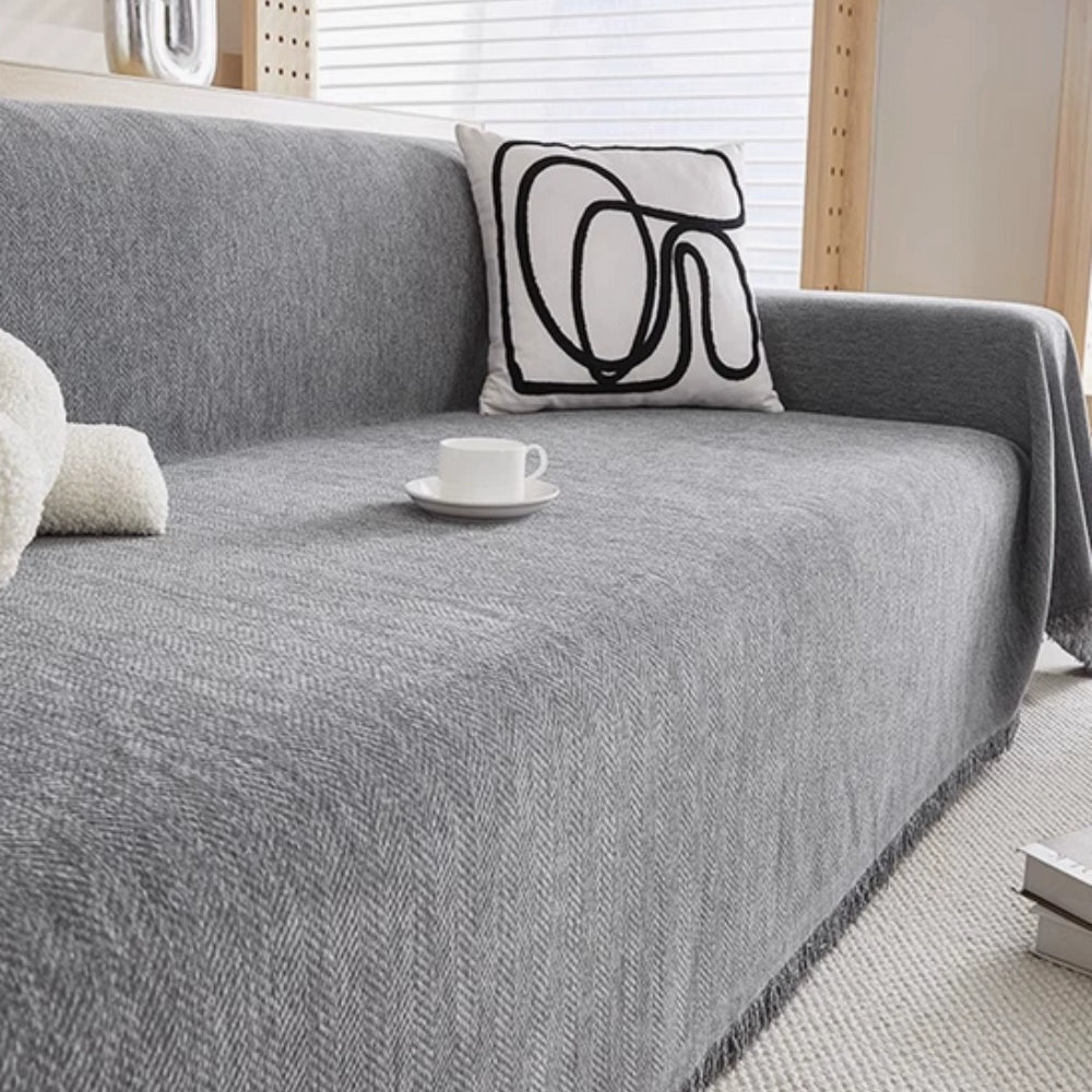 Minimalist Chenille Couch Cover with Tassel Trim
