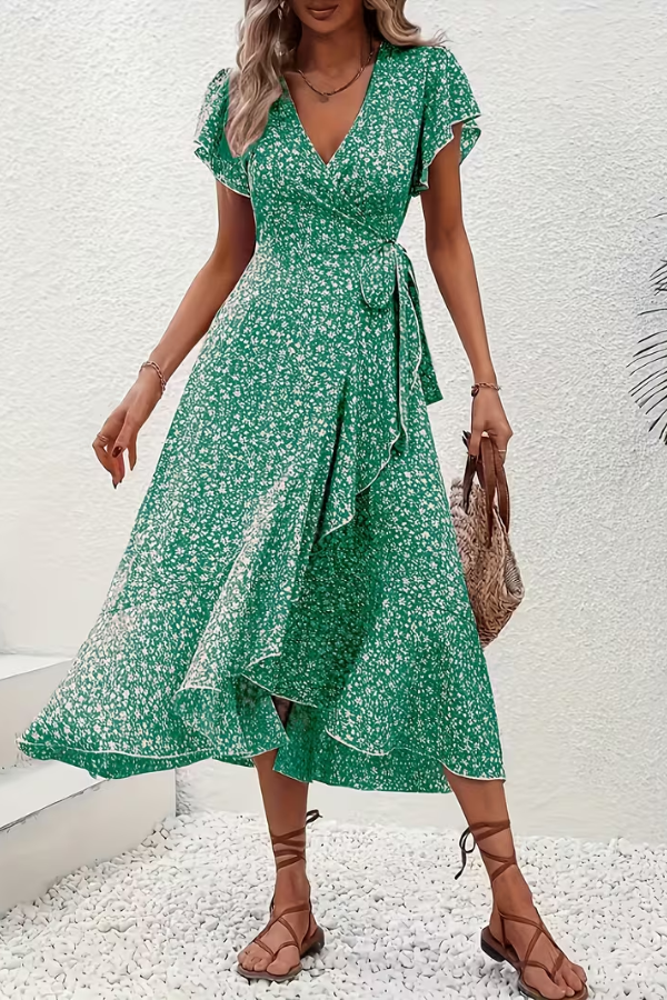 Floral V-Neck Dress with Asymmetrical Detailing