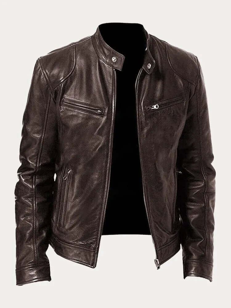 Men's Classic Leather Jacket - Stand Collar, Front Zip