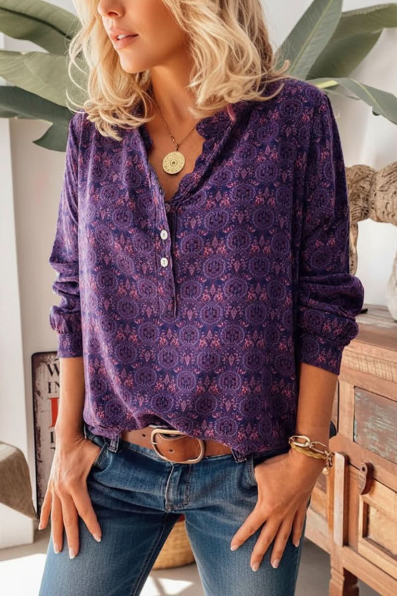 Artistic Vintage Print Long Sleeve Blouse