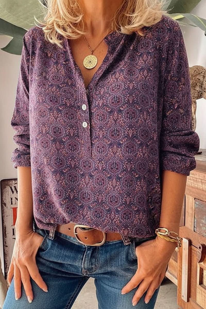Artistic Vintage Print Long Sleeve Blouse