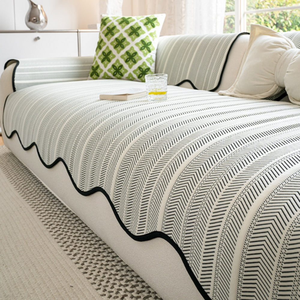 Herringbone Scallop Edge Couch Cover - Textured Sofa Throw