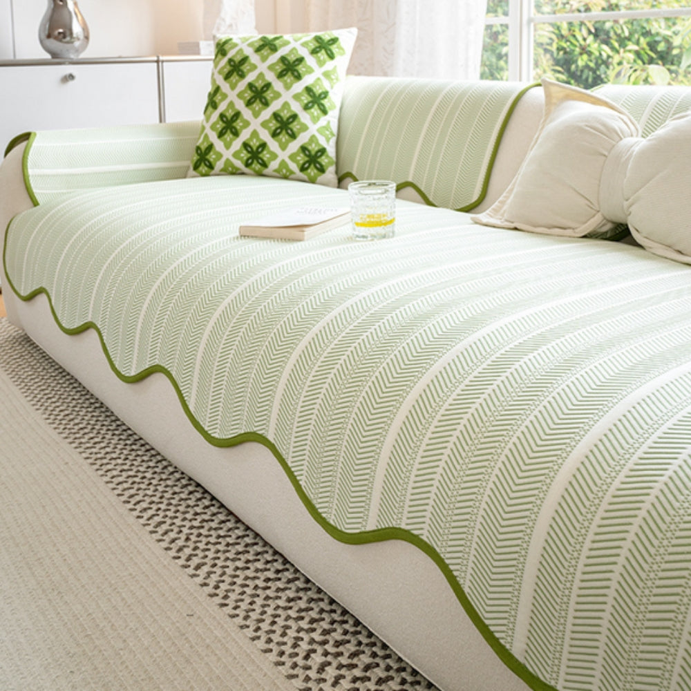 Herringbone Scallop Edge Couch Cover - Textured Sofa Throw