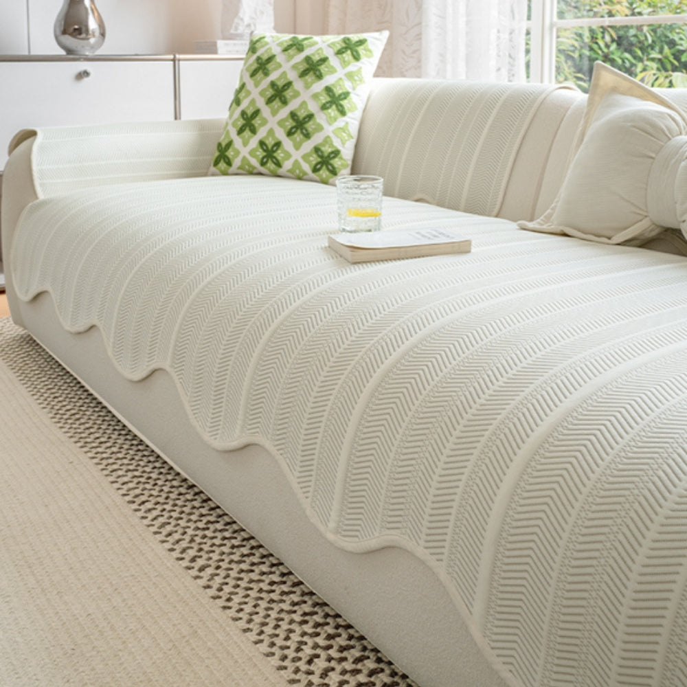 Herringbone Scallop Edge Couch Cover - Textured Sofa Throw