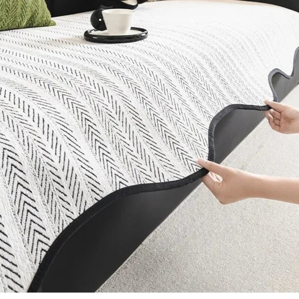 Herringbone Scallop Edge Couch Cover - Textured Sofa Throw