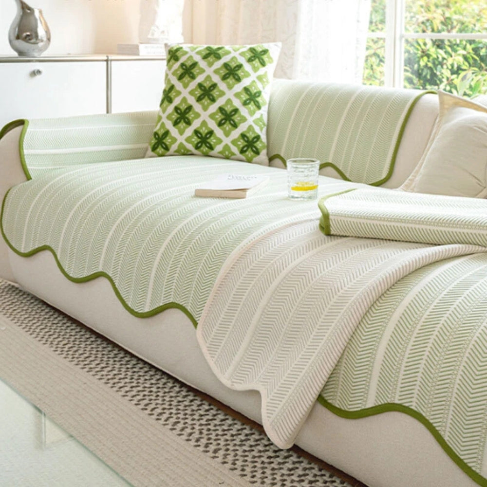 Herringbone Scallop Edge Couch Cover - Textured Sofa Throw
