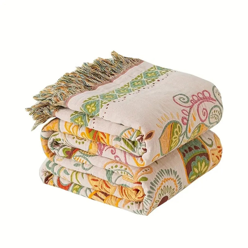 Autumn Leaf Boho Reversible Throw, Cotton Gauze Blanket