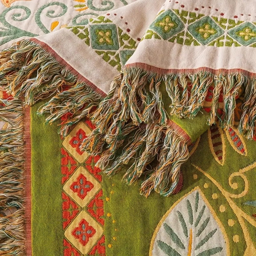 Autumn Leaf Boho Reversible Throw, Cotton Gauze Blanket