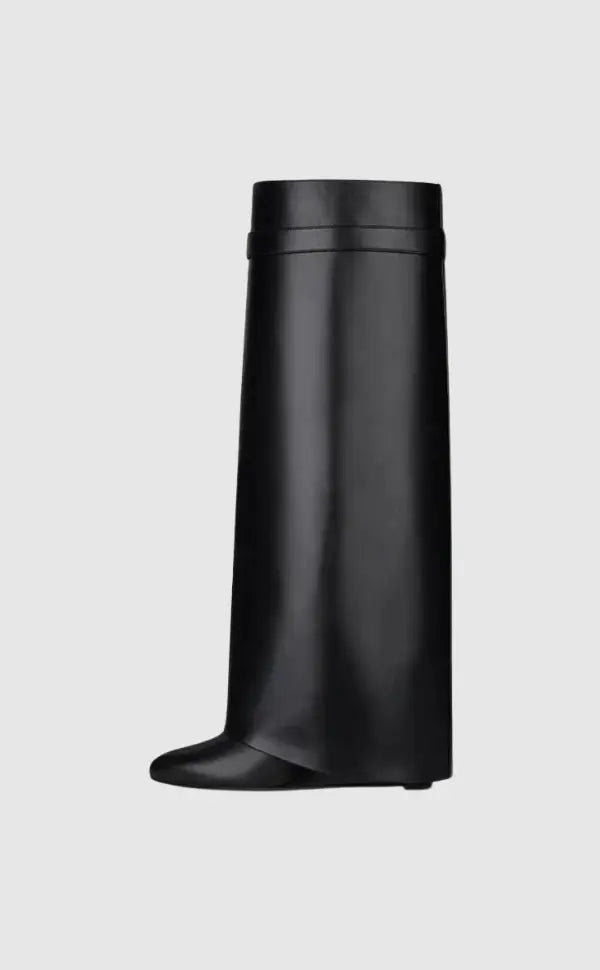 Black Vegan Leather Wedge Boots with Lock Detail