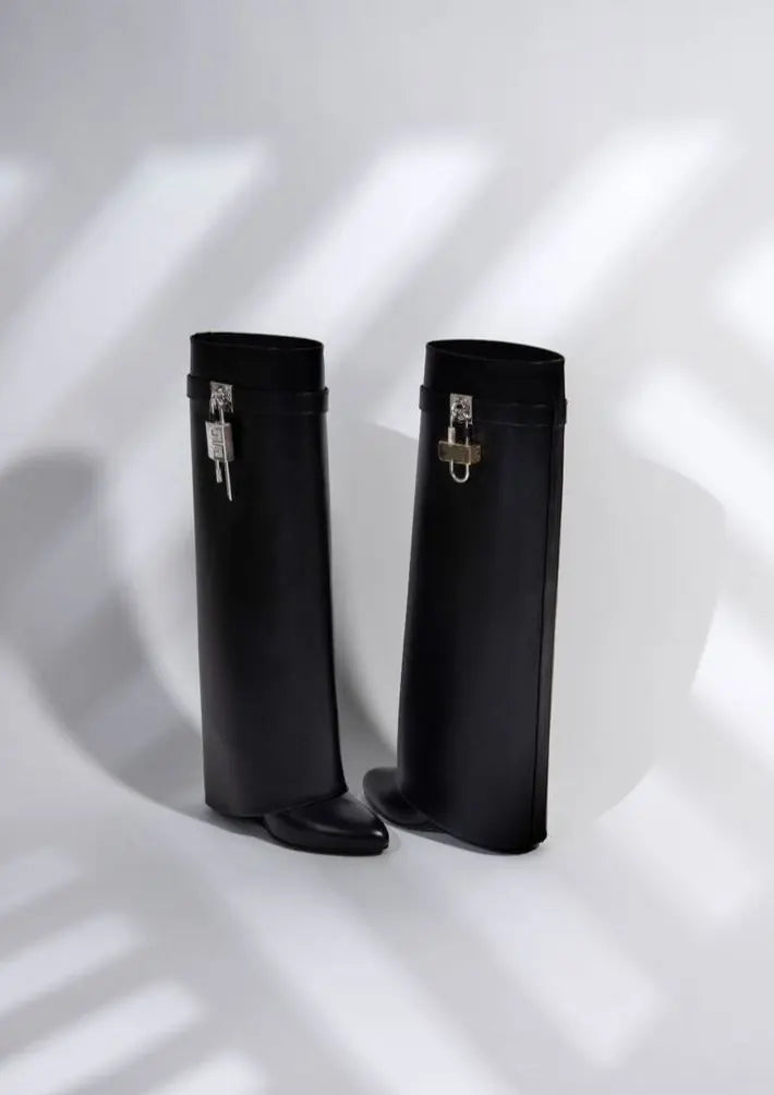 Black Vegan Leather Wedge Boots with Lock Detail