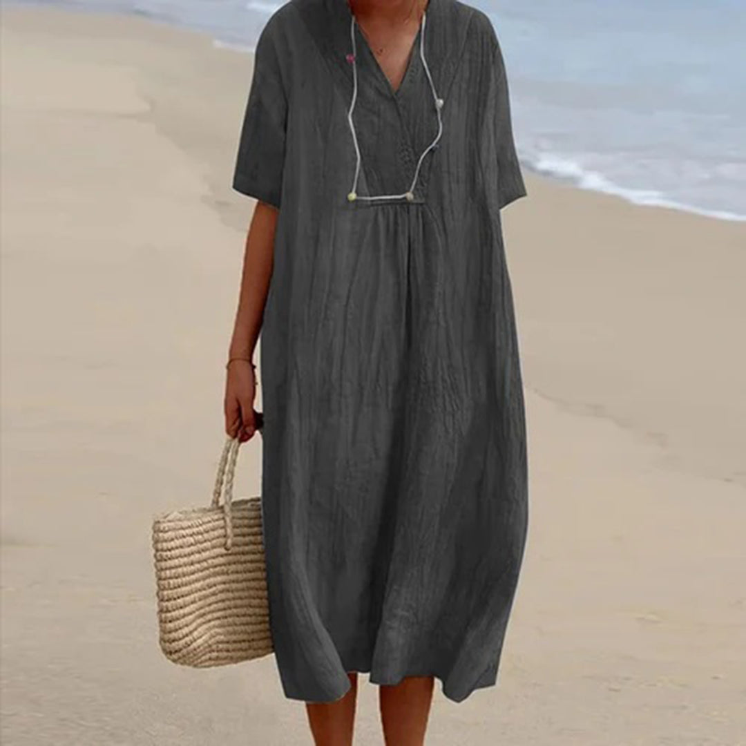 Summer Linen Midi Dress | V-Neck Loose Fit