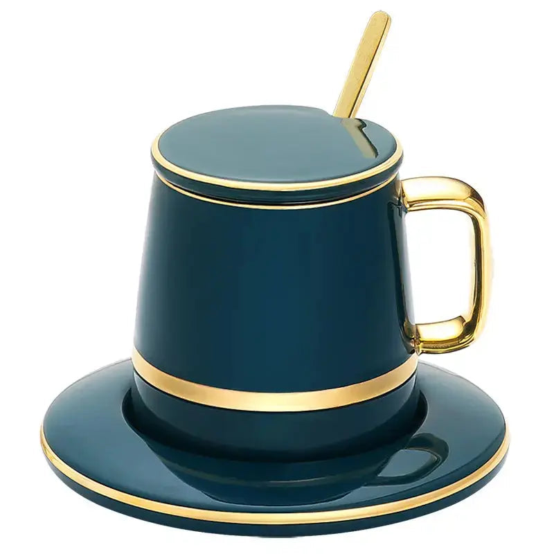 Ceramic Coffee Mug Set - Teal Green with Gold Rim