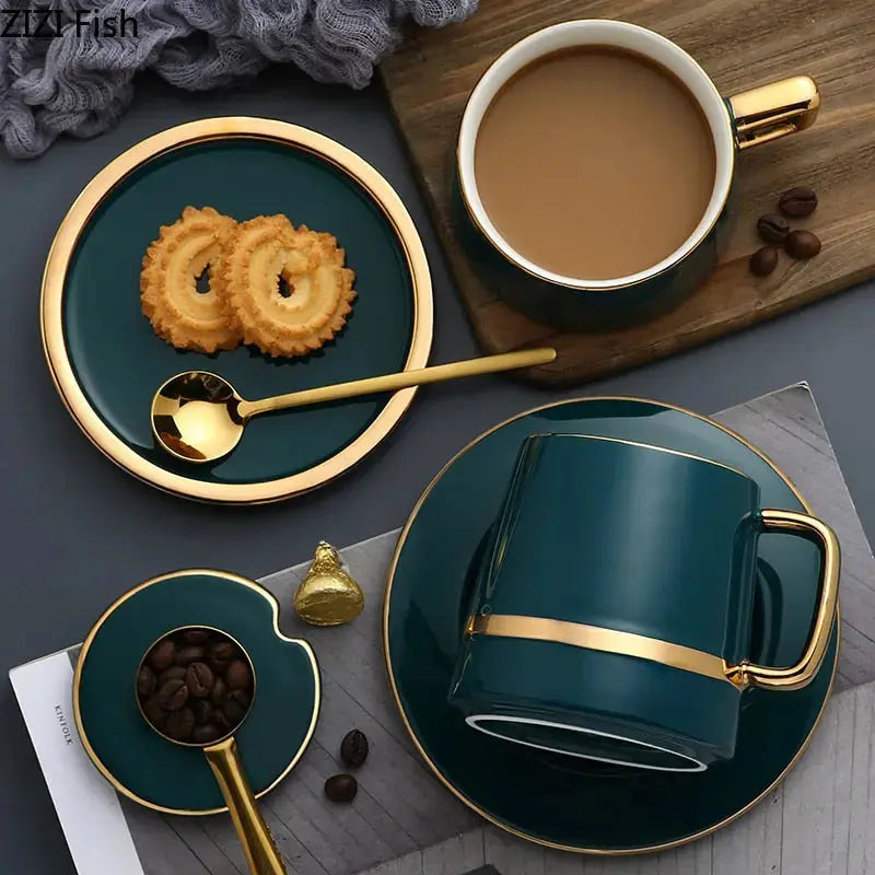 Ceramic Coffee Mug Set - Teal Green with Gold Rim
