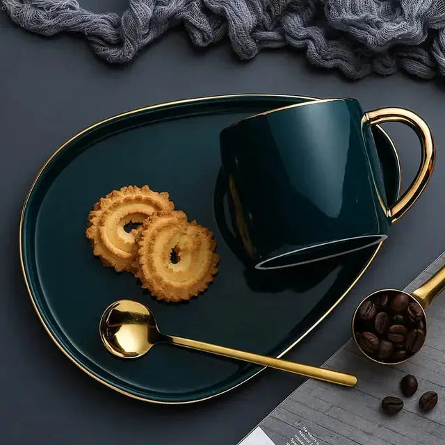 Ceramic Coffee Mug Set - Teal Green with Gold Rim