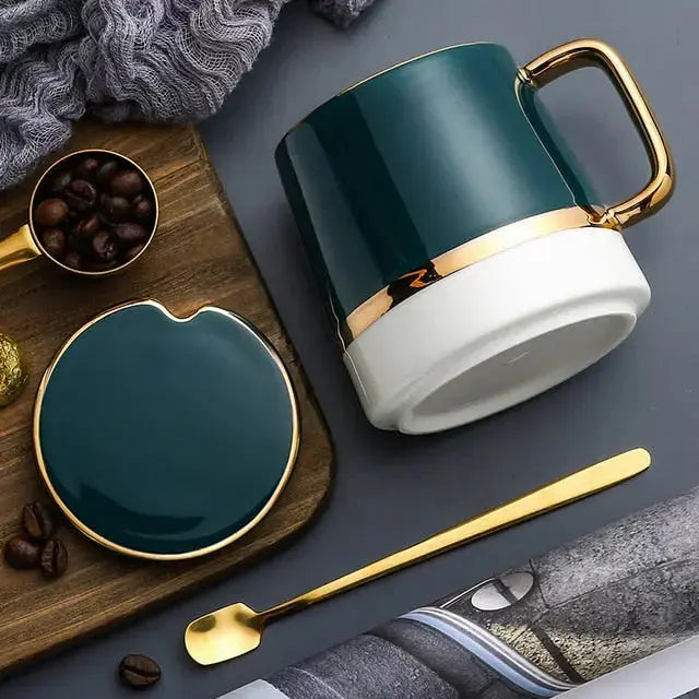 Ceramic Coffee Mug Set - Teal Green with Gold Rim
