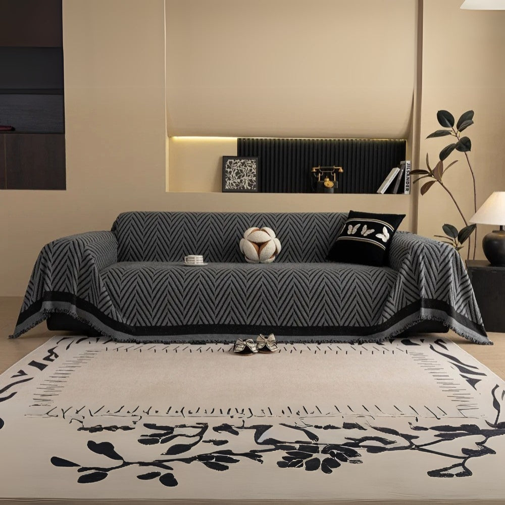 Chevron Herringbone Couch Cover - Textured Tassel Sofa Throw