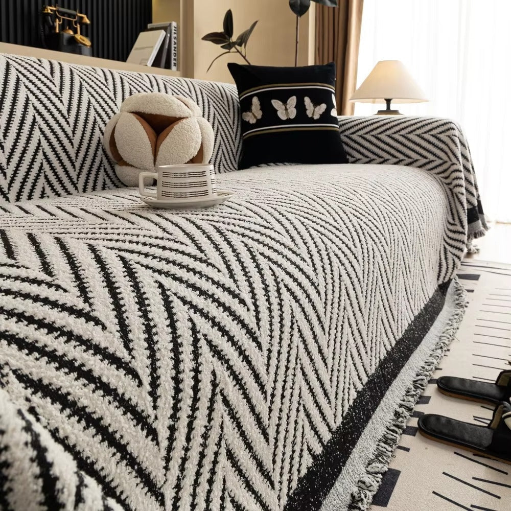 Chevron Herringbone Couch Cover - Textured Tassel Sofa Throw