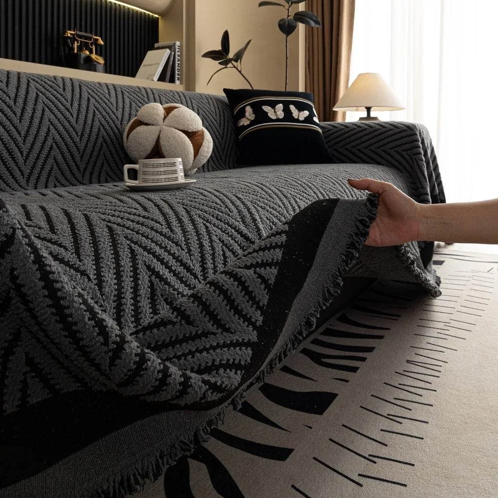 Chevron Herringbone Couch Cover - Textured Tassel Sofa Throw