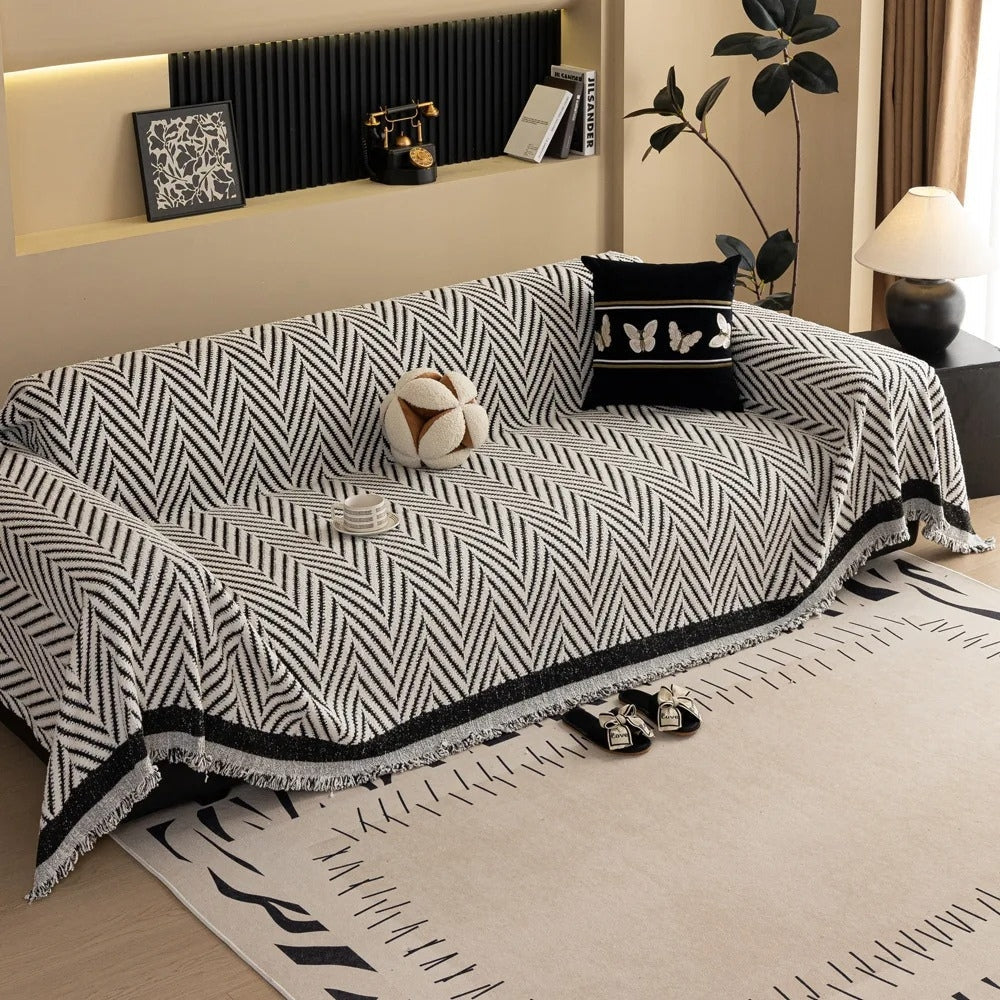 Chevron Herringbone Couch Cover - Textured Tassel Sofa Throw
