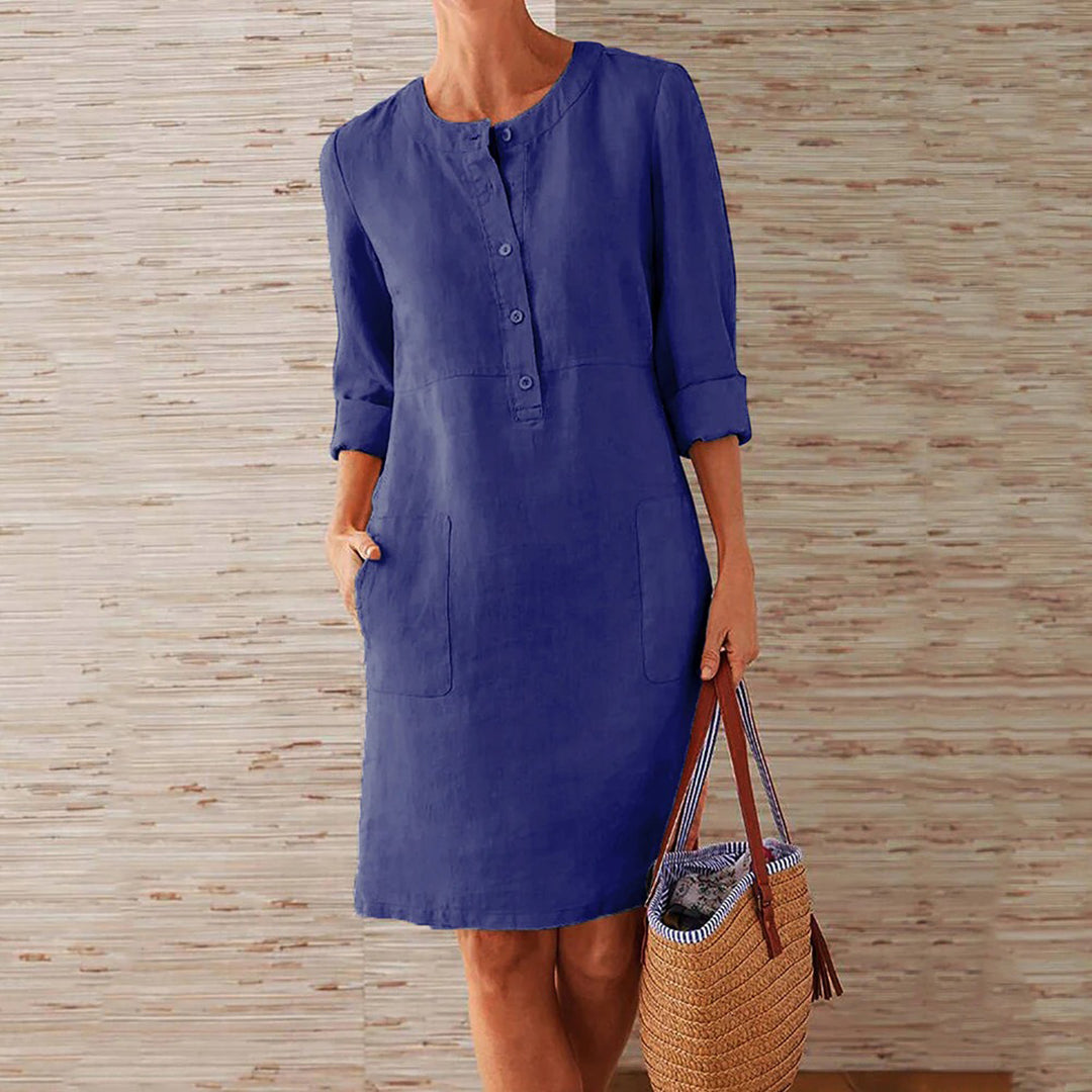 Linen Summer Shift Dress - Button-Front Roll-Up Sleeves