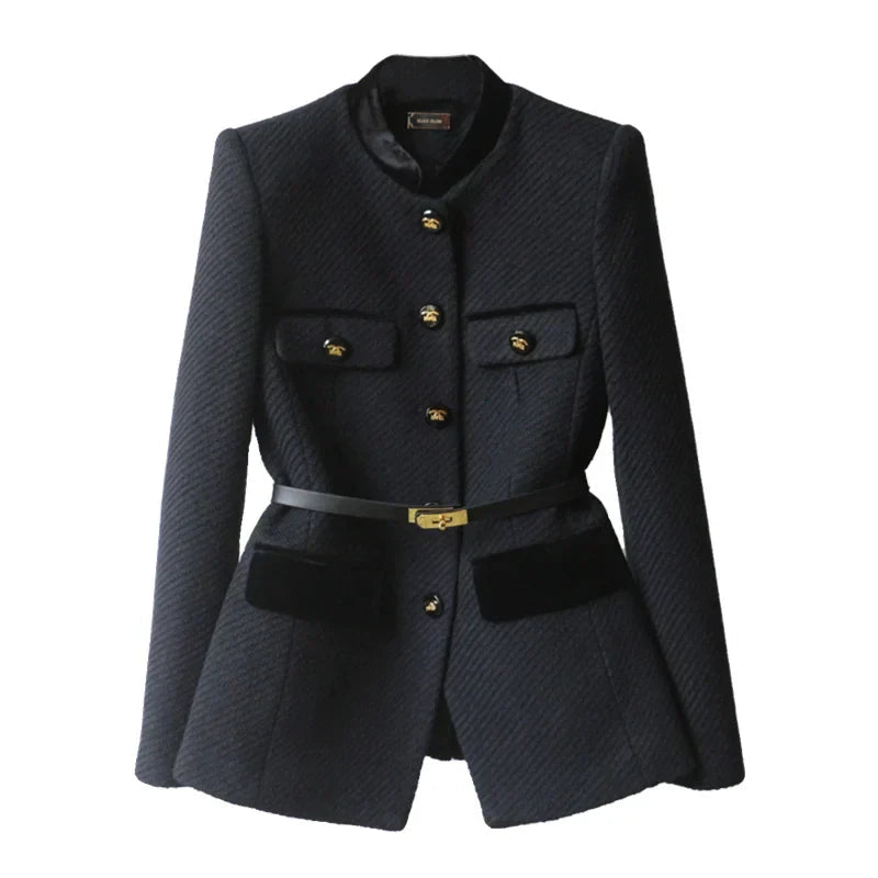 Military-Style Wool Blazer with Gold Button & Belt Detail