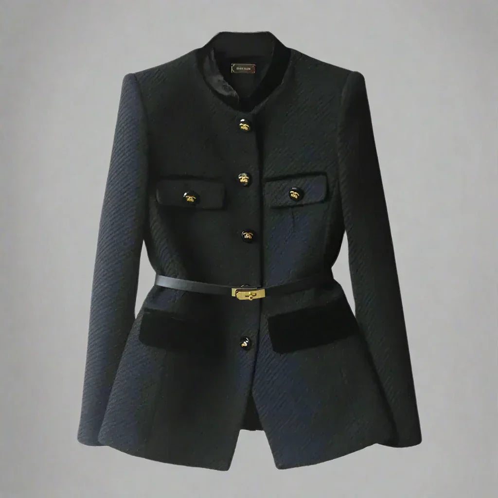Military-Style Wool Blazer with Gold Button & Belt Detail