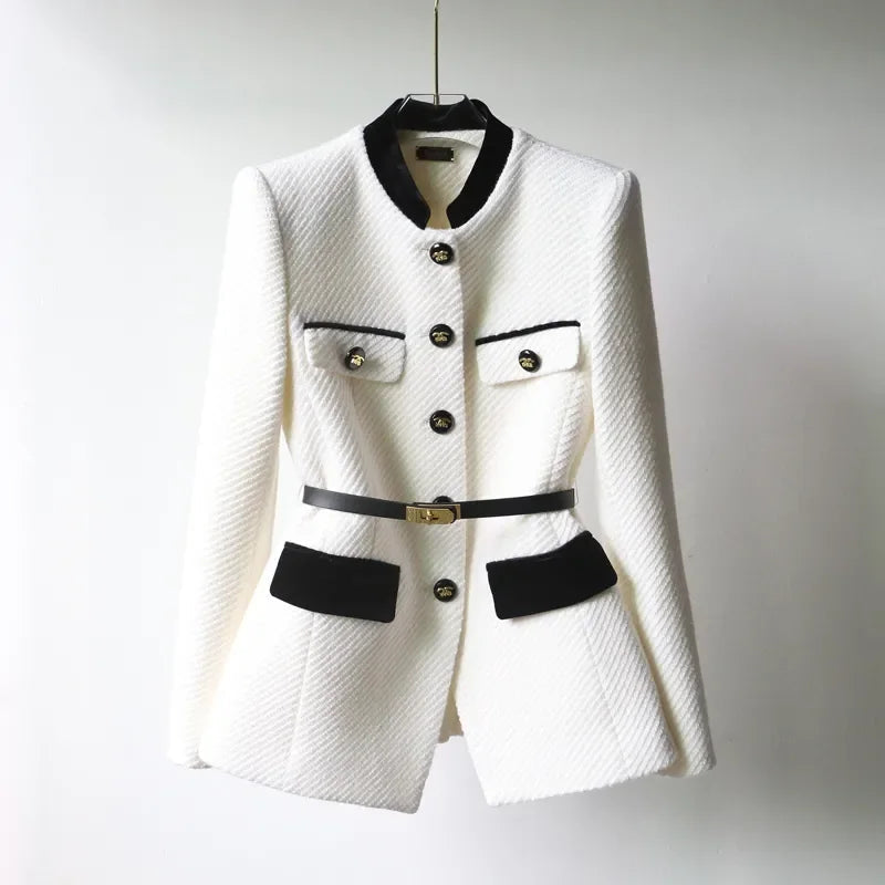 Military-Style Wool Blazer with Gold Button & Belt Detail