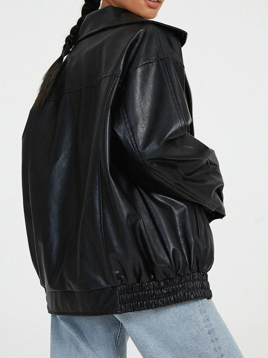 Oversized Leather Bomber Jacket - Black Elastic Trim
