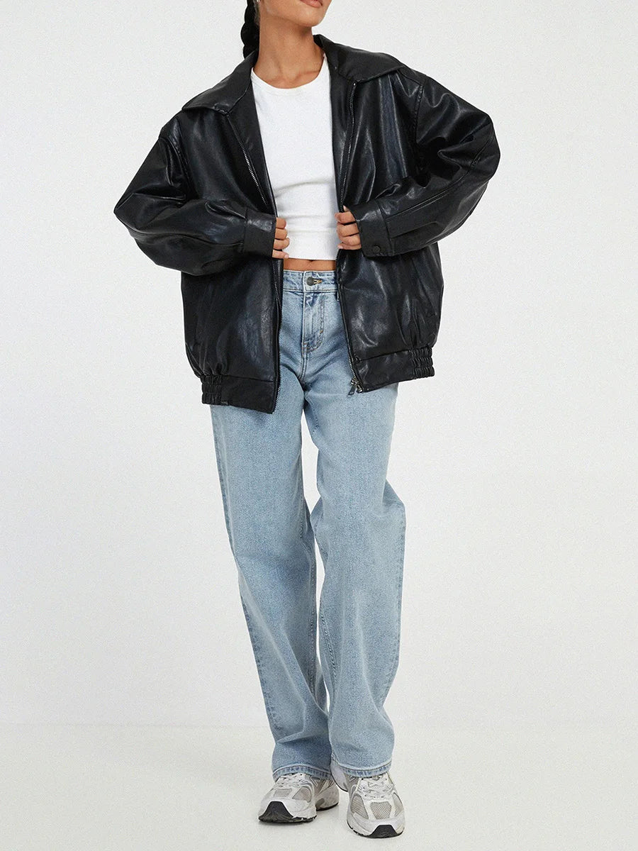 Oversized Leather Bomber Jacket - Black Elastic Trim