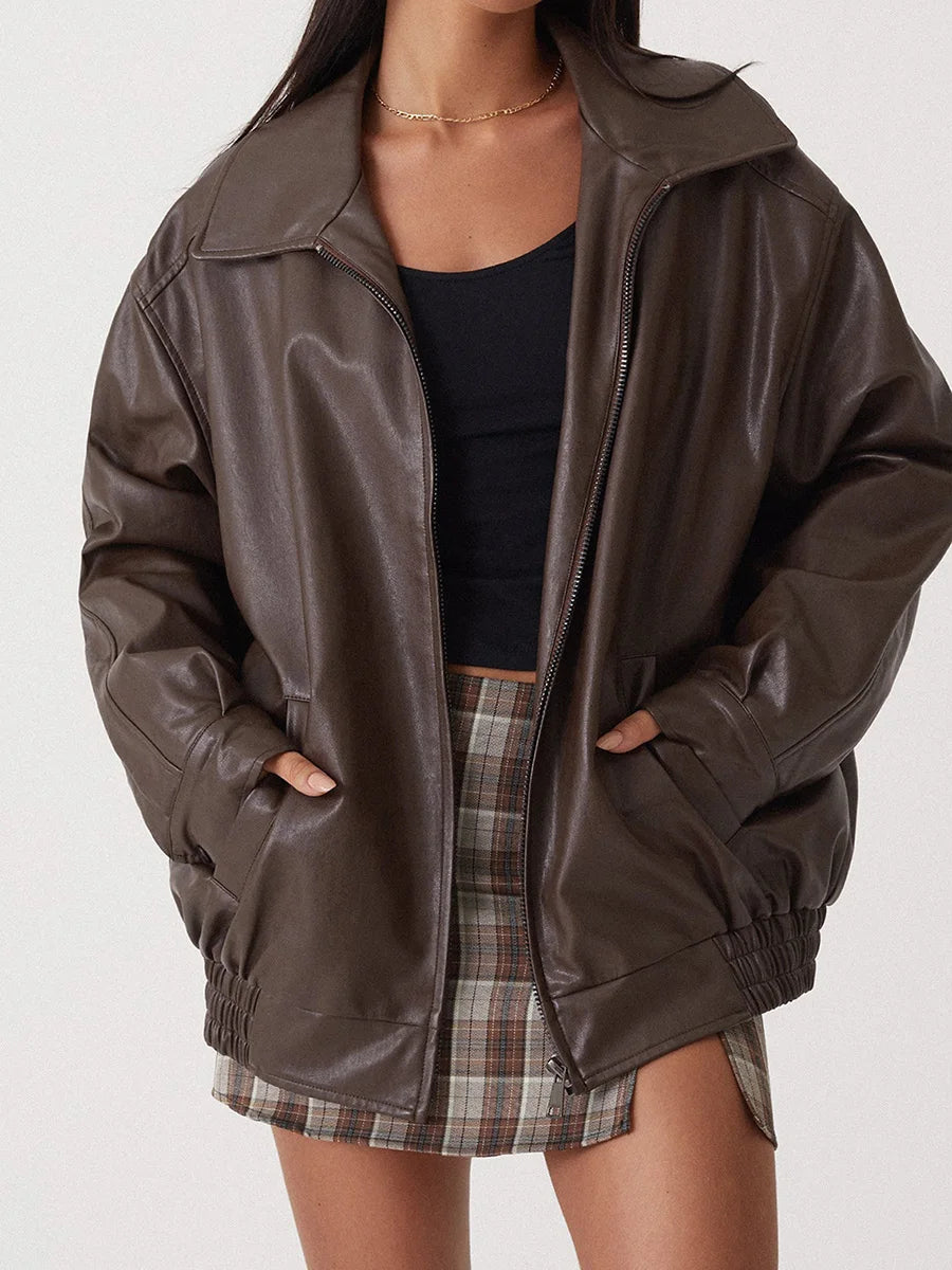 Oversized Leather Bomber Jacket - Black Elastic Trim