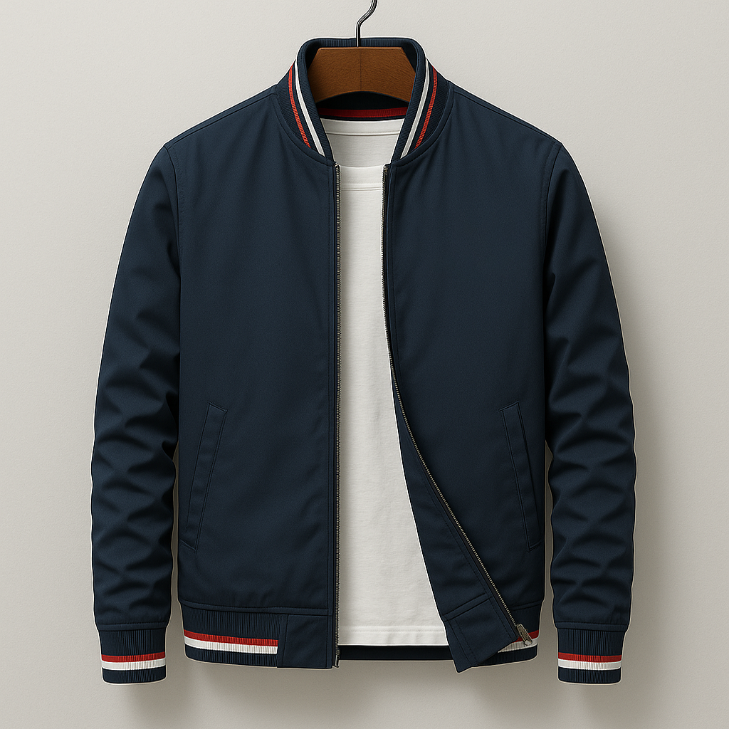 Classic Bomber Jacket - Cotton Blend with Striped Ribbing