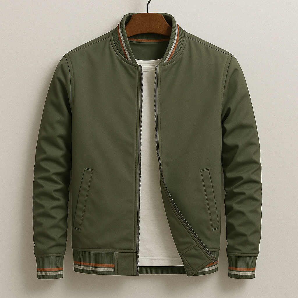 Classic Bomber Jacket - Cotton Blend with Striped Ribbing