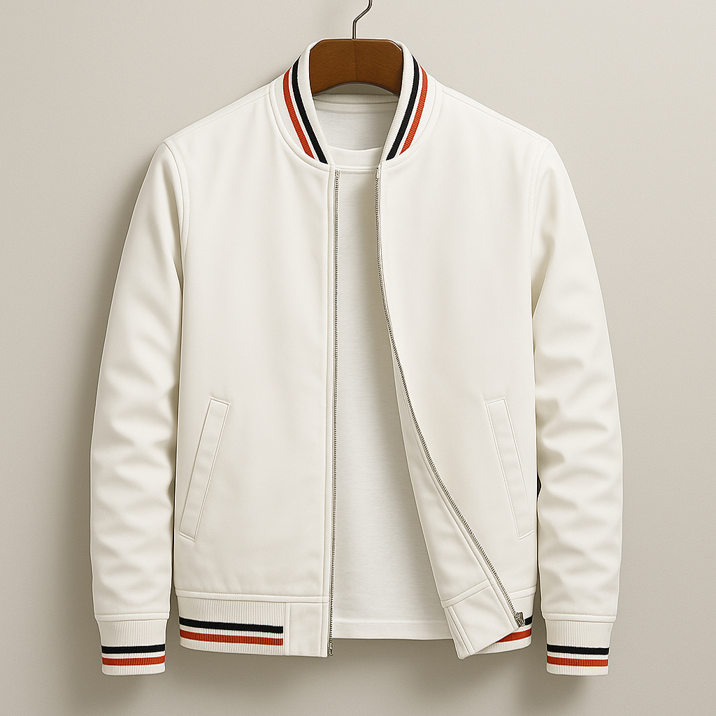 Classic Bomber Jacket - Cotton Blend with Striped Ribbing