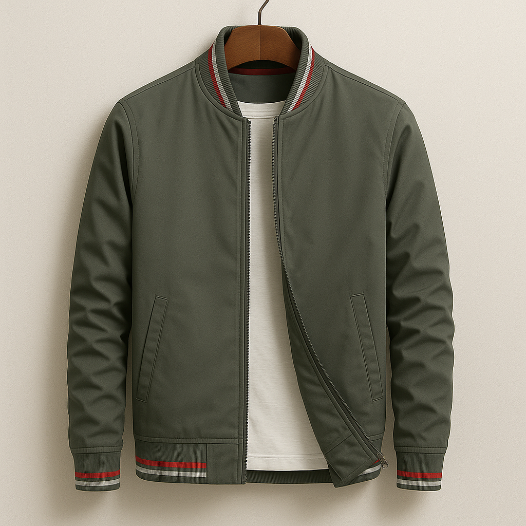 Classic Bomber Jacket - Cotton Blend with Striped Ribbing