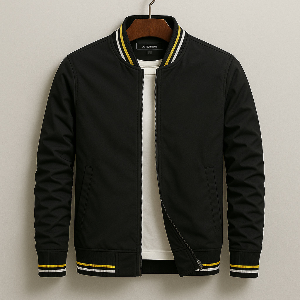 Classic Bomber Jacket - Cotton Blend with Striped Ribbing