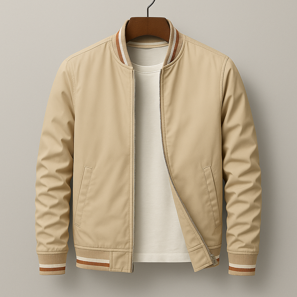 Classic Bomber Jacket - Cotton Blend with Striped Ribbing