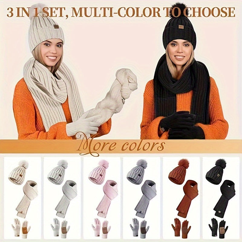 3-in-1 Winter Knit Hat, Scarf & Touchscreen Gloves Set