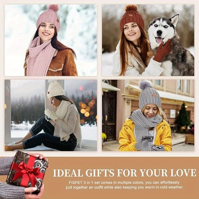 3-in-1 Winter Knit Hat, Scarf & Touchscreen Gloves Set