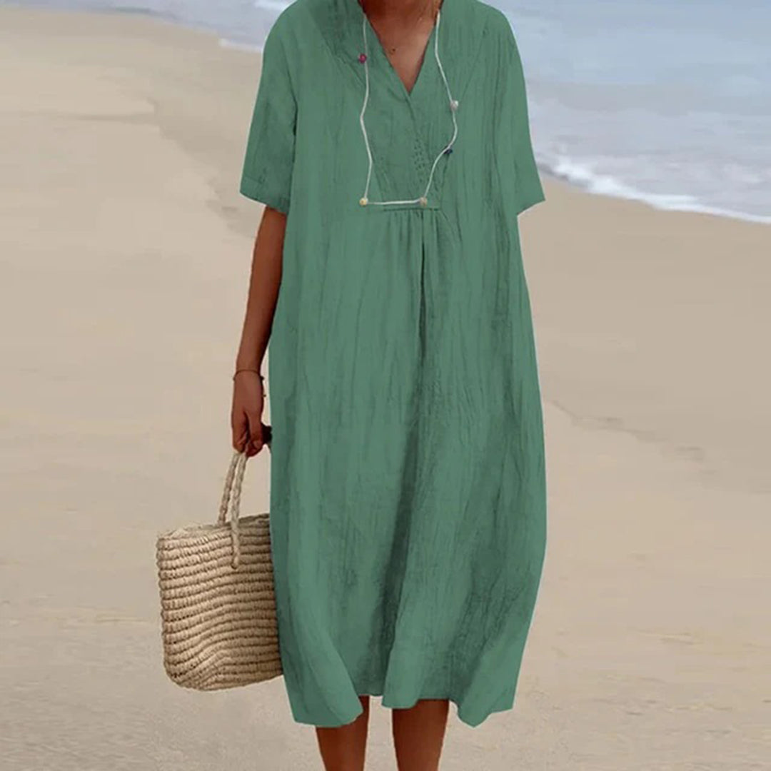 Summer Linen Midi Dress | V-Neck Loose Fit