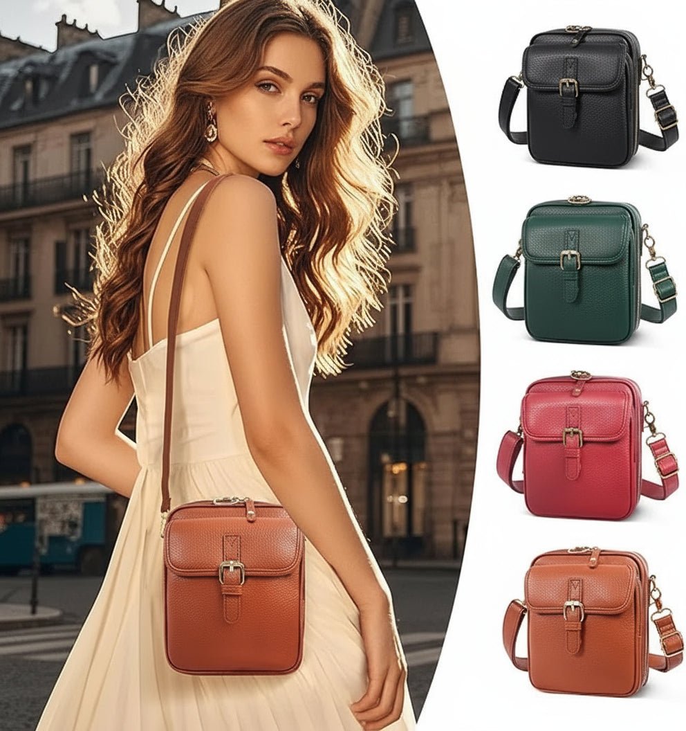 Anti-Theft Leather Crossbody Bag - Compact Square Design